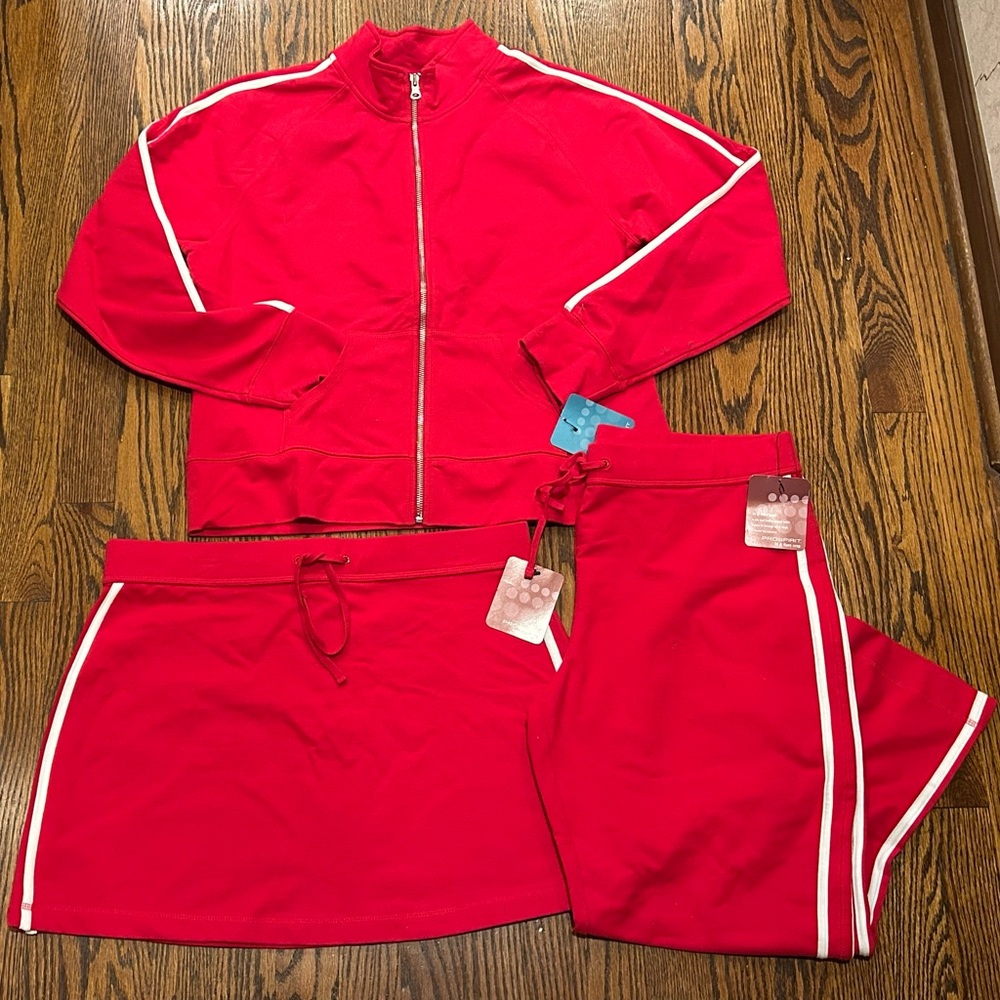Prospirit Red Track Jacket, crop pant and Skirt Set with White Stripes